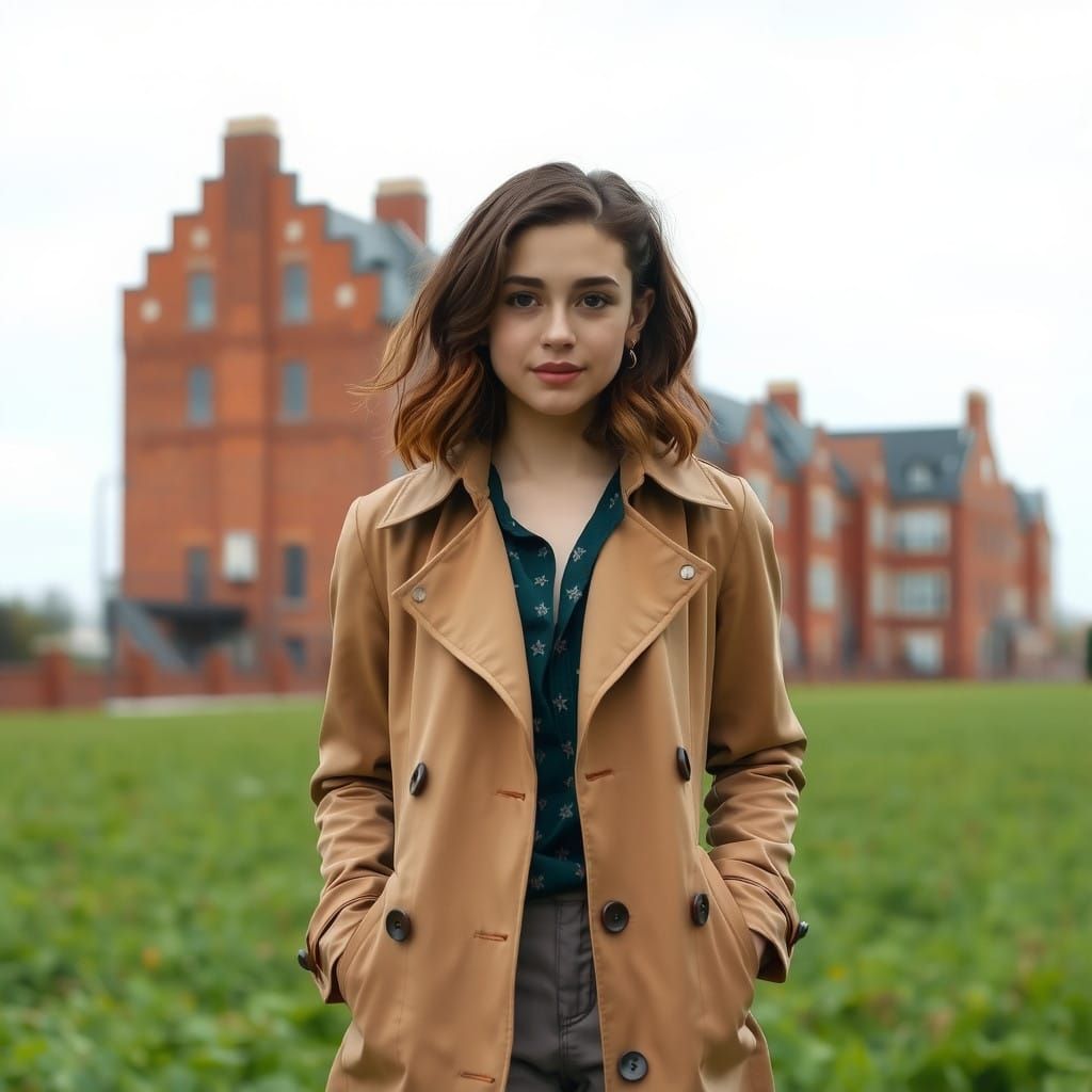Young Woman in Cozy Winter Attire Stands in Front of Brick B...