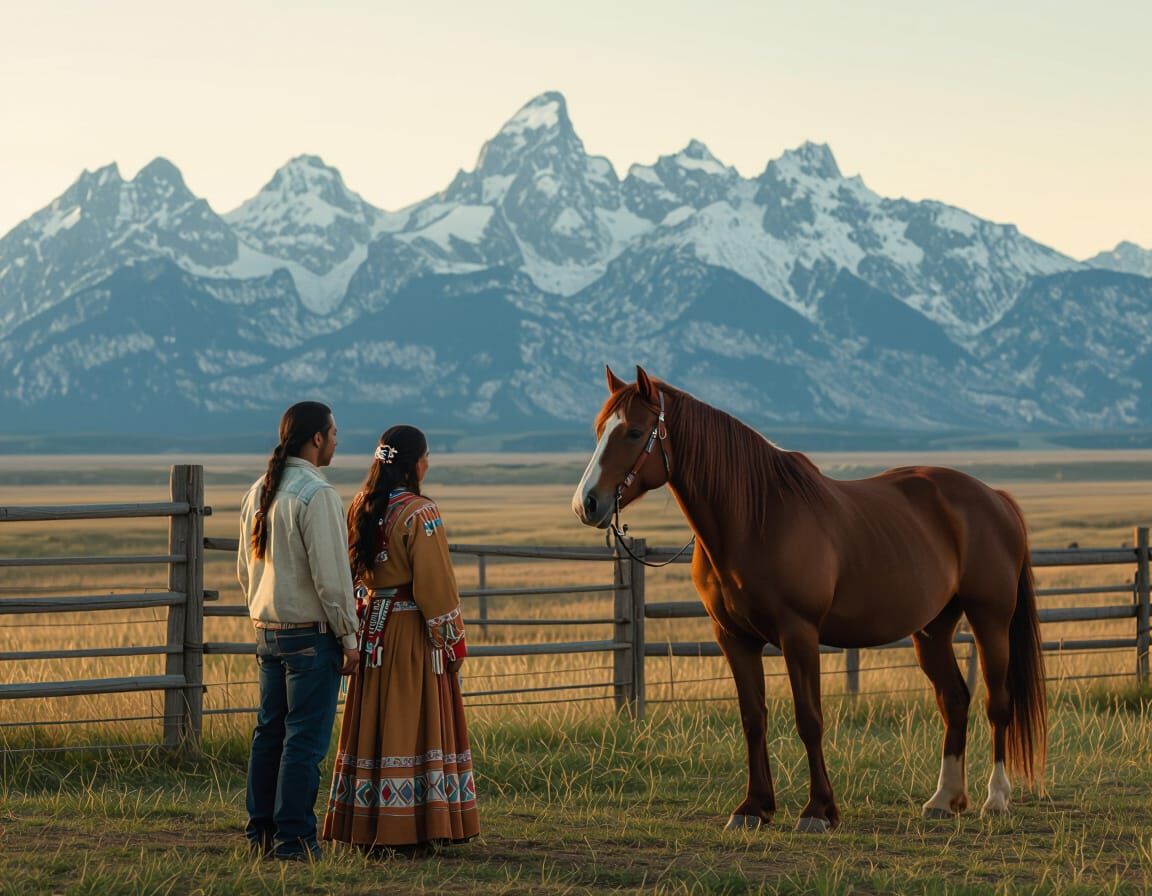 Native American Couple Admire Horse on Nostalgic Farm