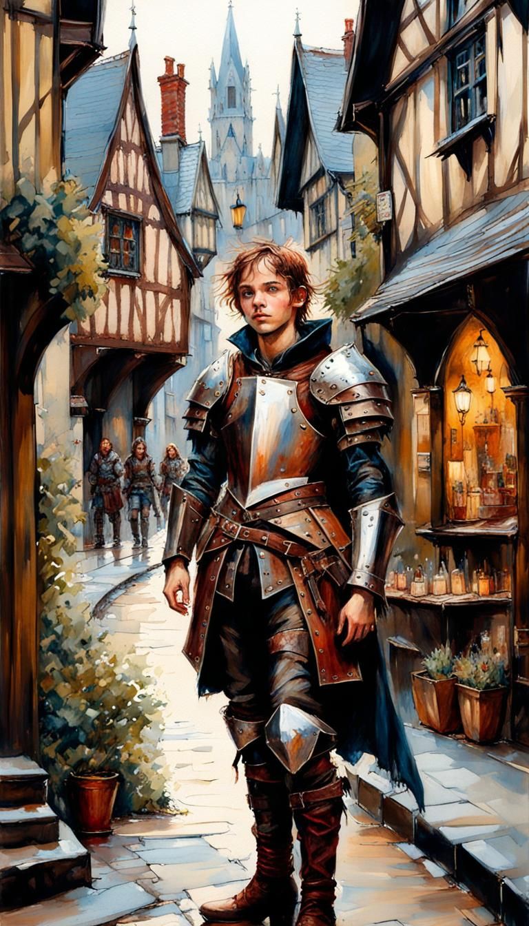 Teenage Fantasy Adventurer in Medieval Town, Dark Fantasy
