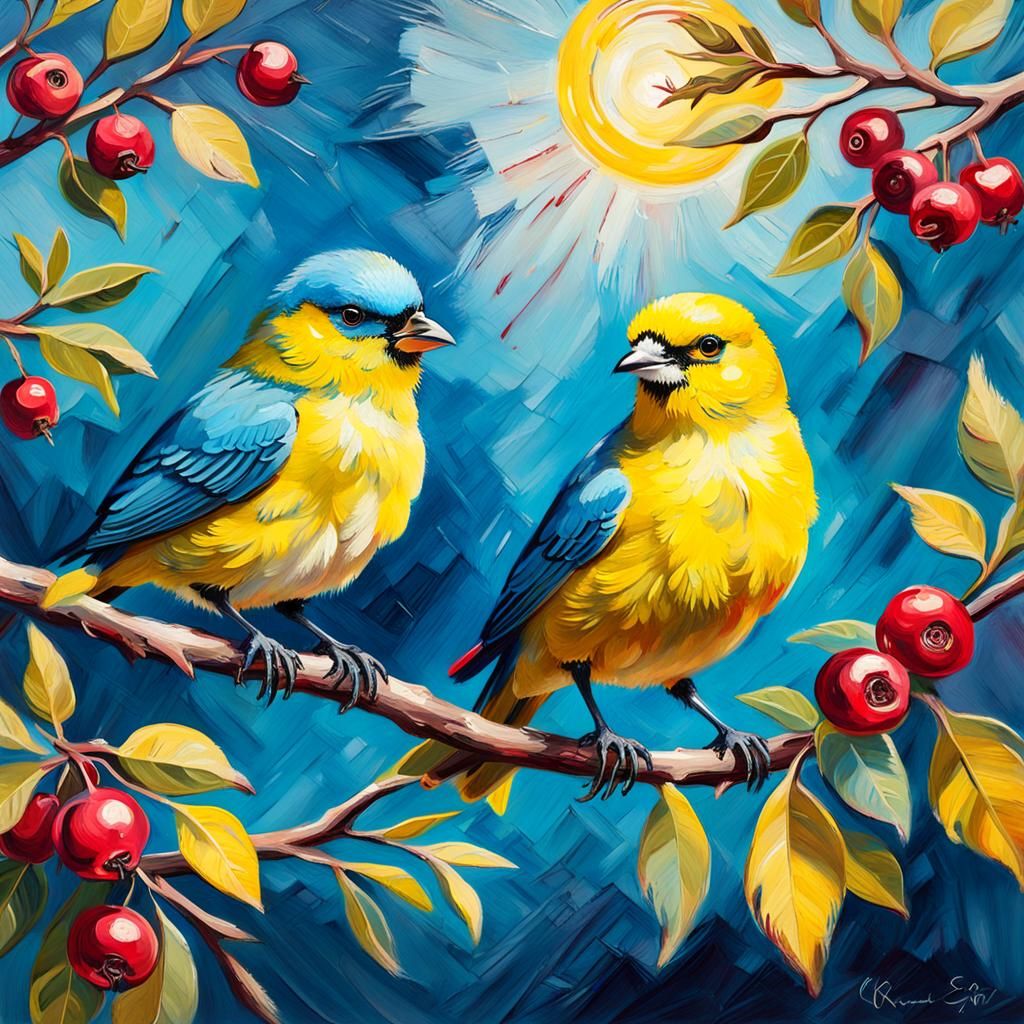 Birds on Cranberry Branch in Van Gogh Style