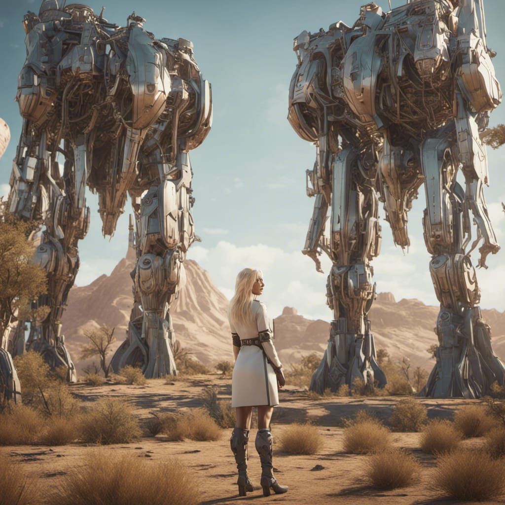 Fantasy Woman Scientist in Machine Forest, Sci-Fi Art