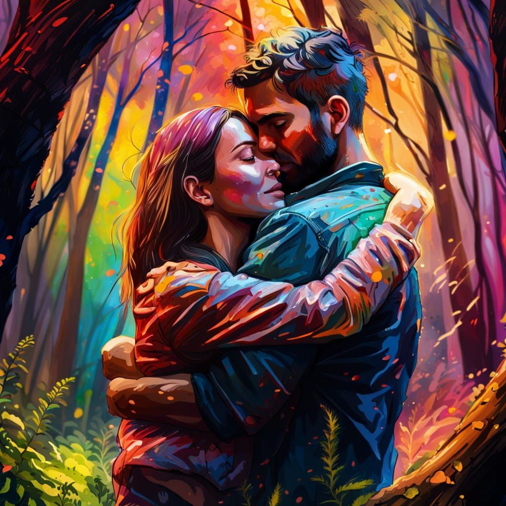 Hyperrealistic Couple Hugging in Colorful Forest