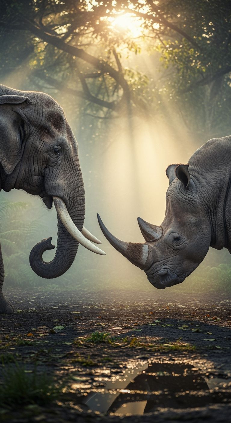 Elephant and Rhino Standoff in Jungle Mist