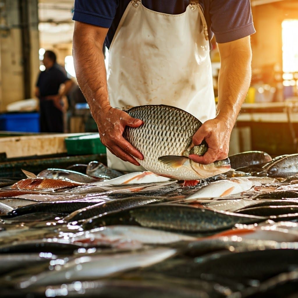 Fishmonger Presents Fresh Catch to Customer in Bustling Mark...