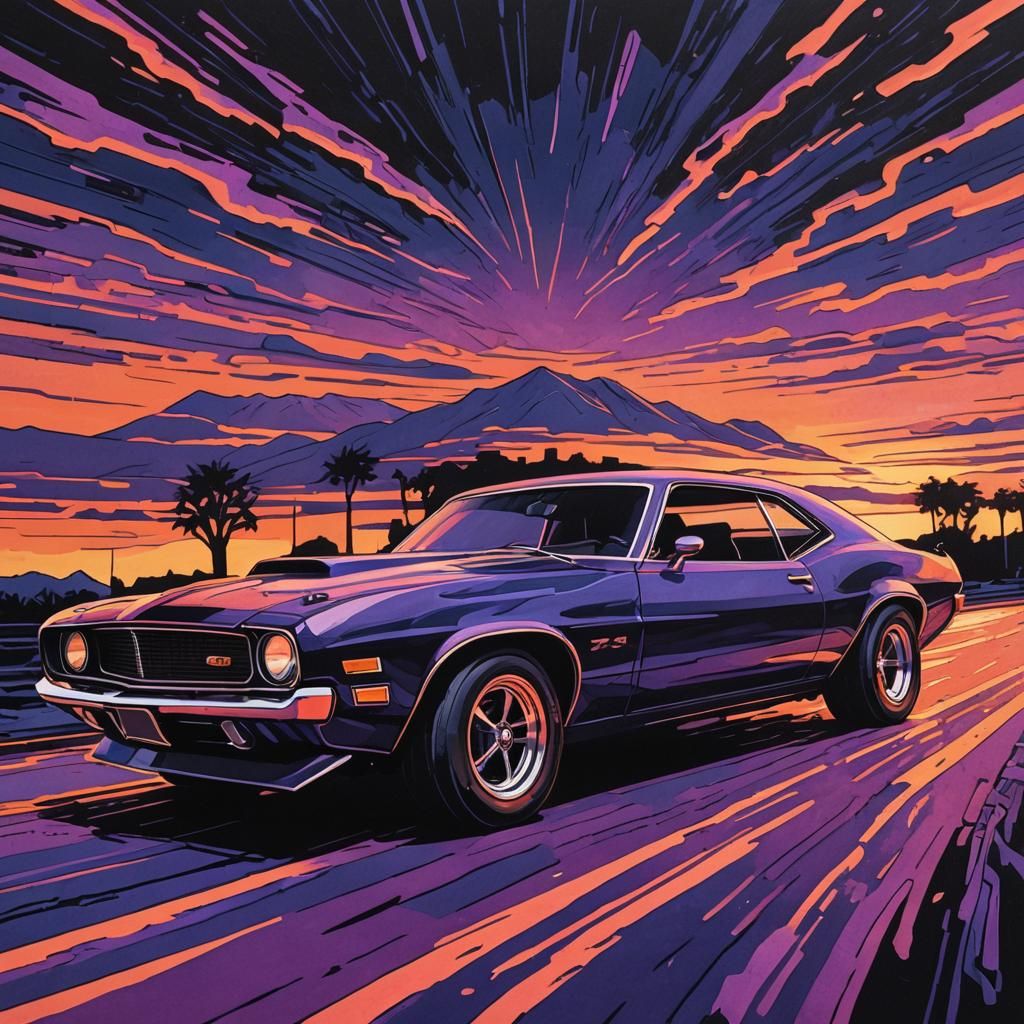 Muscle Car Sunset in Linocut Style