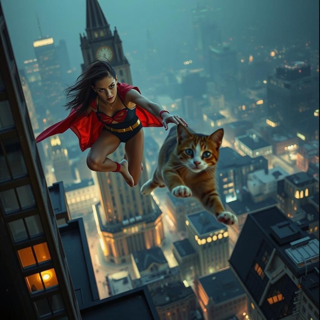 Superhero Saving Cat from Gothic Skyscraper, Cinematic Film