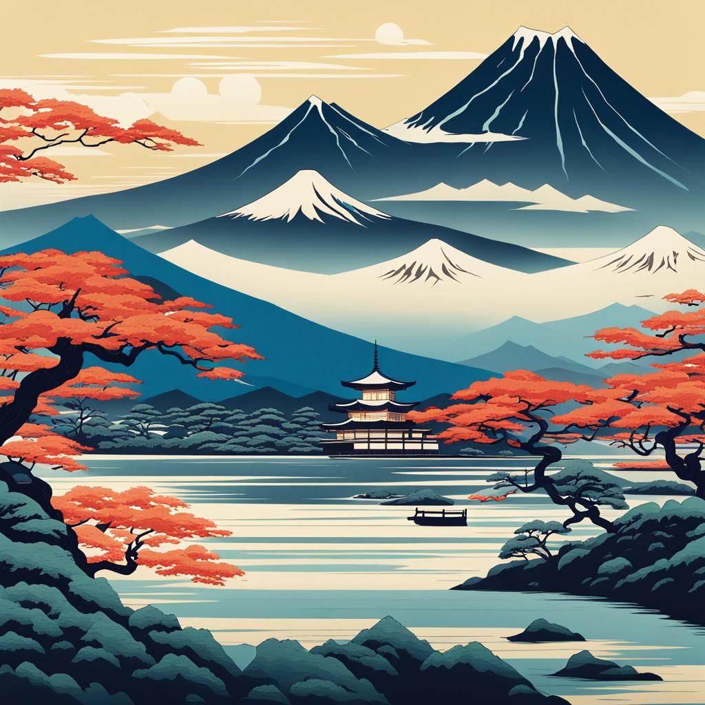 Mount Fuji in Serene Ukiyo-e Landscape