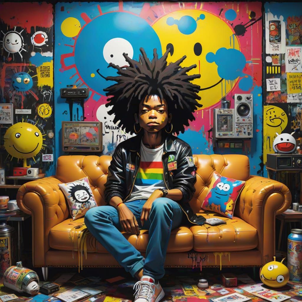 Ebony Tomboy Lounging in Vibrant Street Art-Inspired Scene