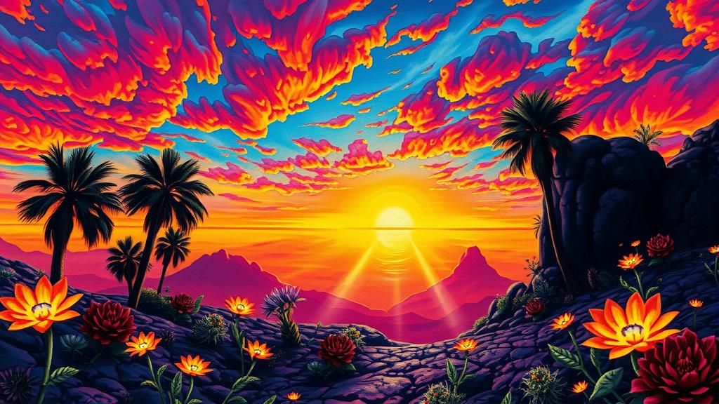 Alien Sunset with Iridescent Flora in Chalk Art