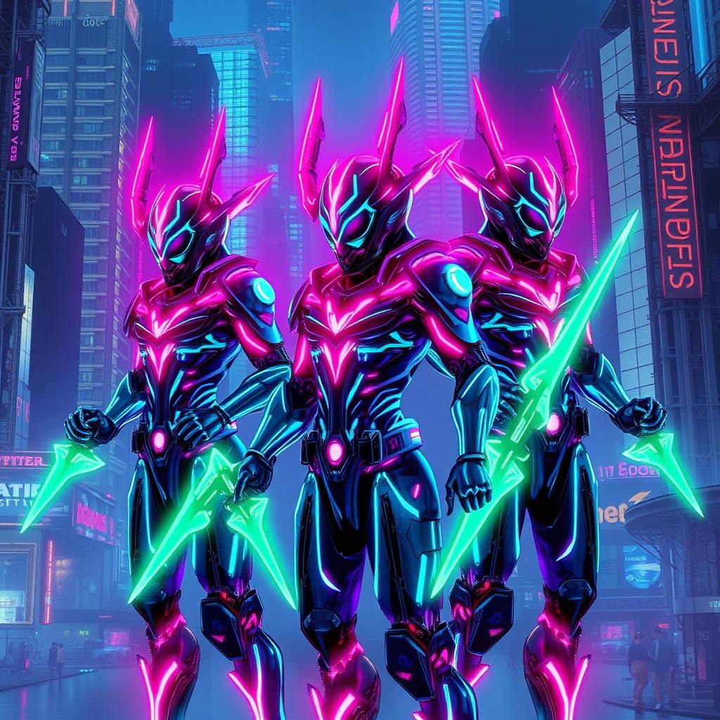 Neon Necrons in Cyberpunk Cityscape