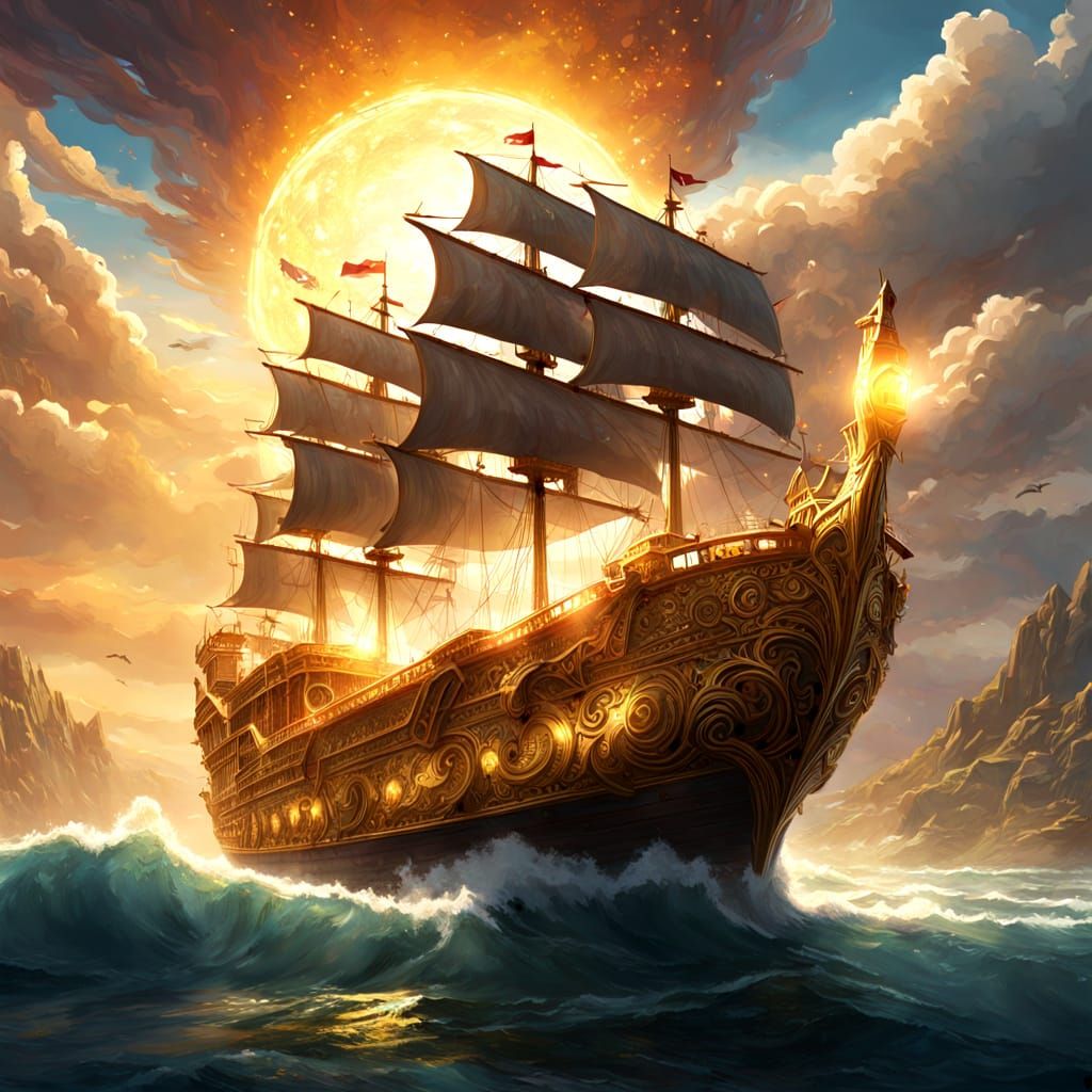 Golden Ship on Luminous Waves Under Cosmic Sky