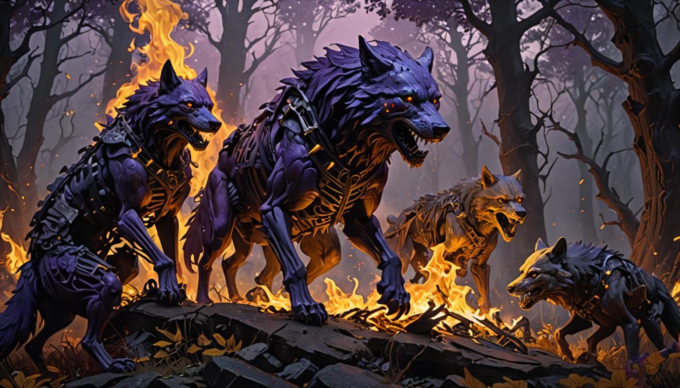 Fire Wolves Hunt Skeleton in Dark Fantasy Art