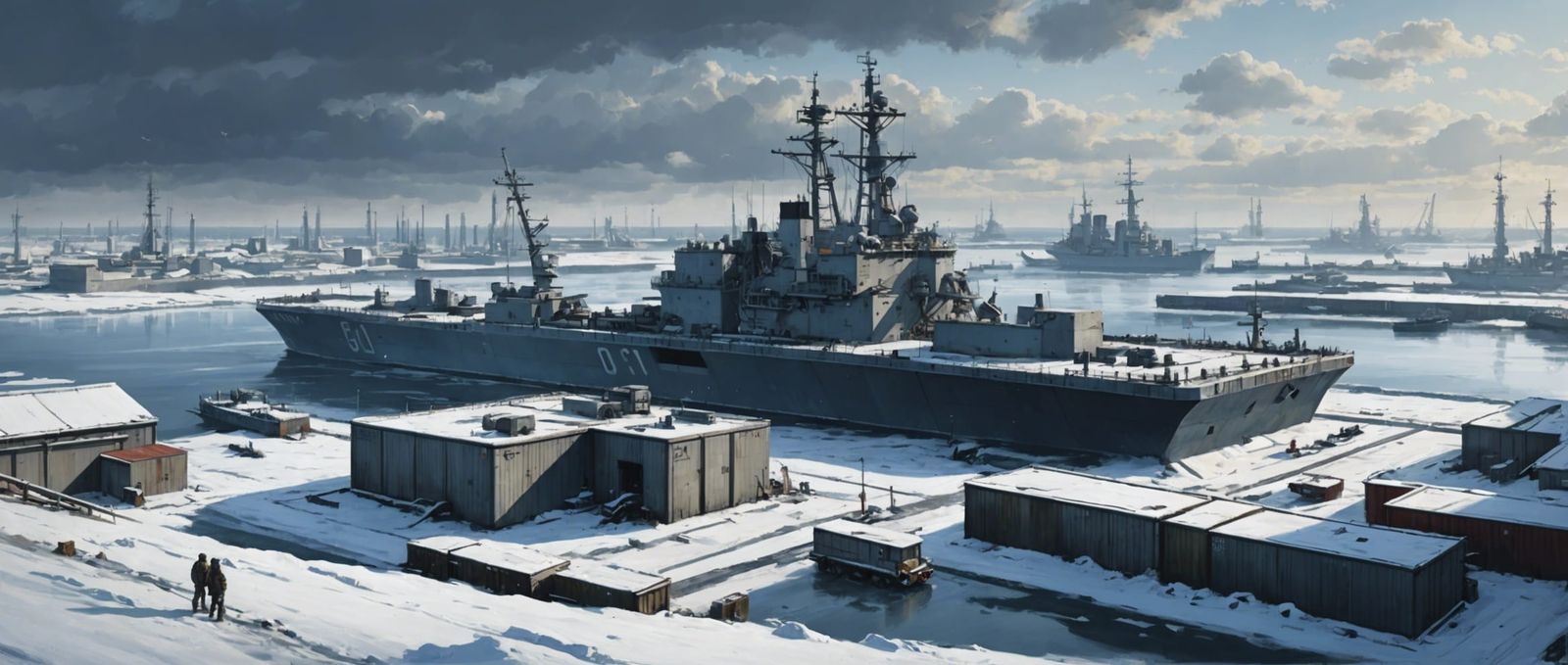 Winter Naval Base Oil Painting in Romantic Style