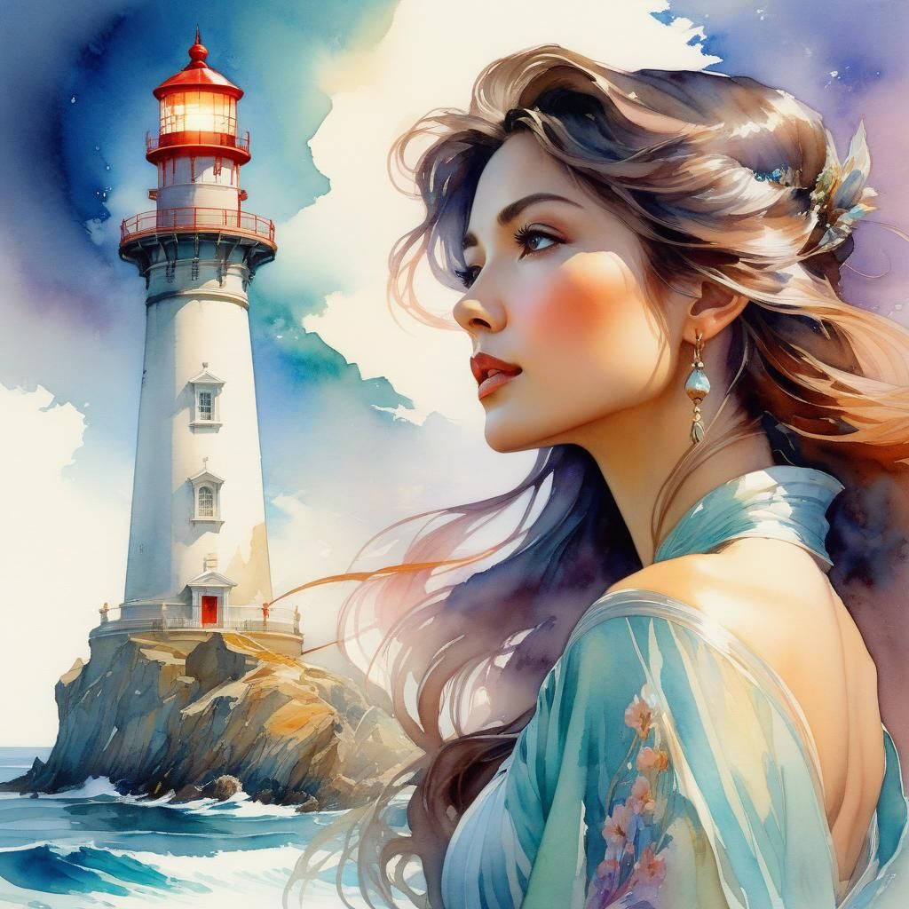 Woman Gazing at Lighthouse in Watercolor Style