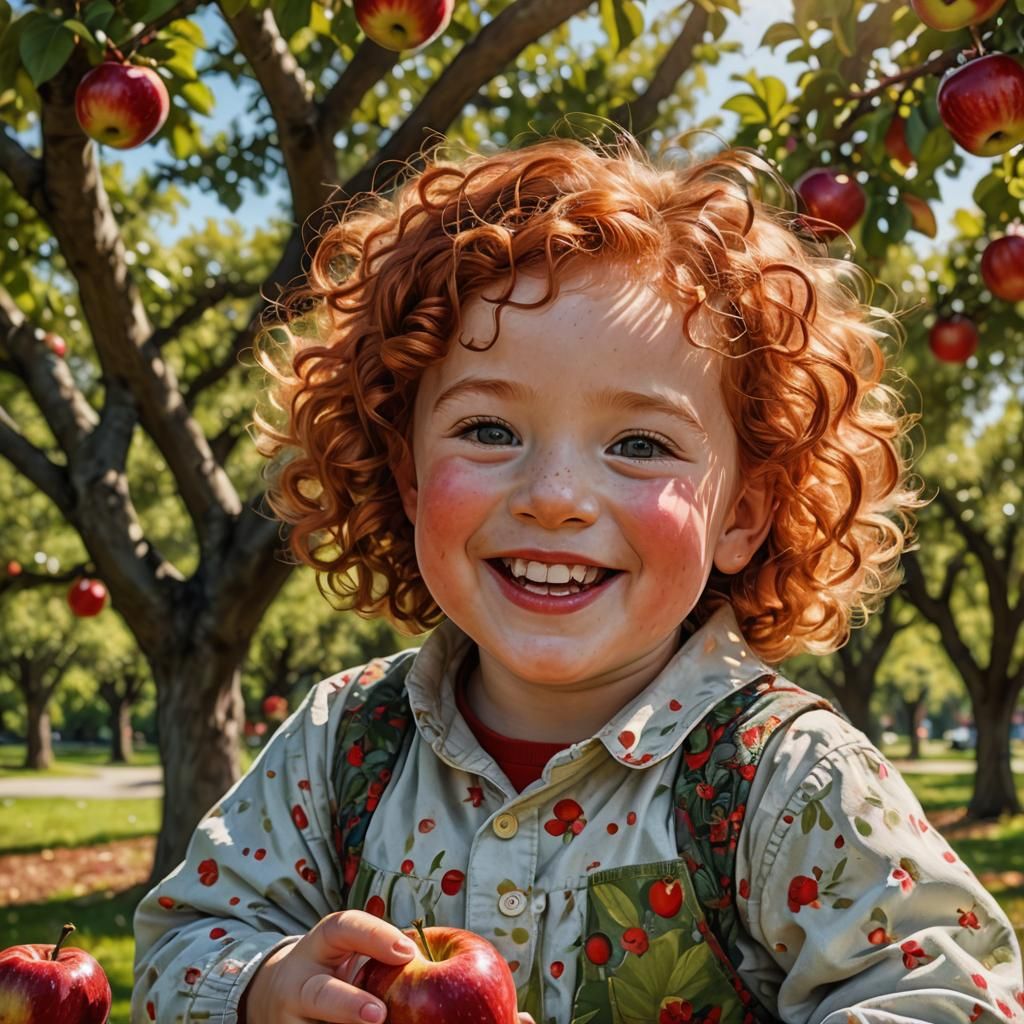 Toddler's Joy: Hyperrealistic Apple Orchard Portrait