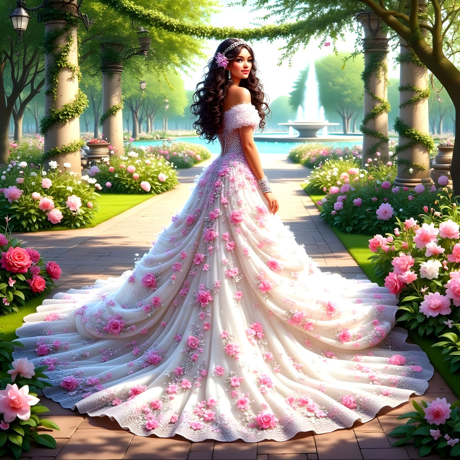 Ethereal Dark Haired Bride in White Wedding Dress with Pink ...