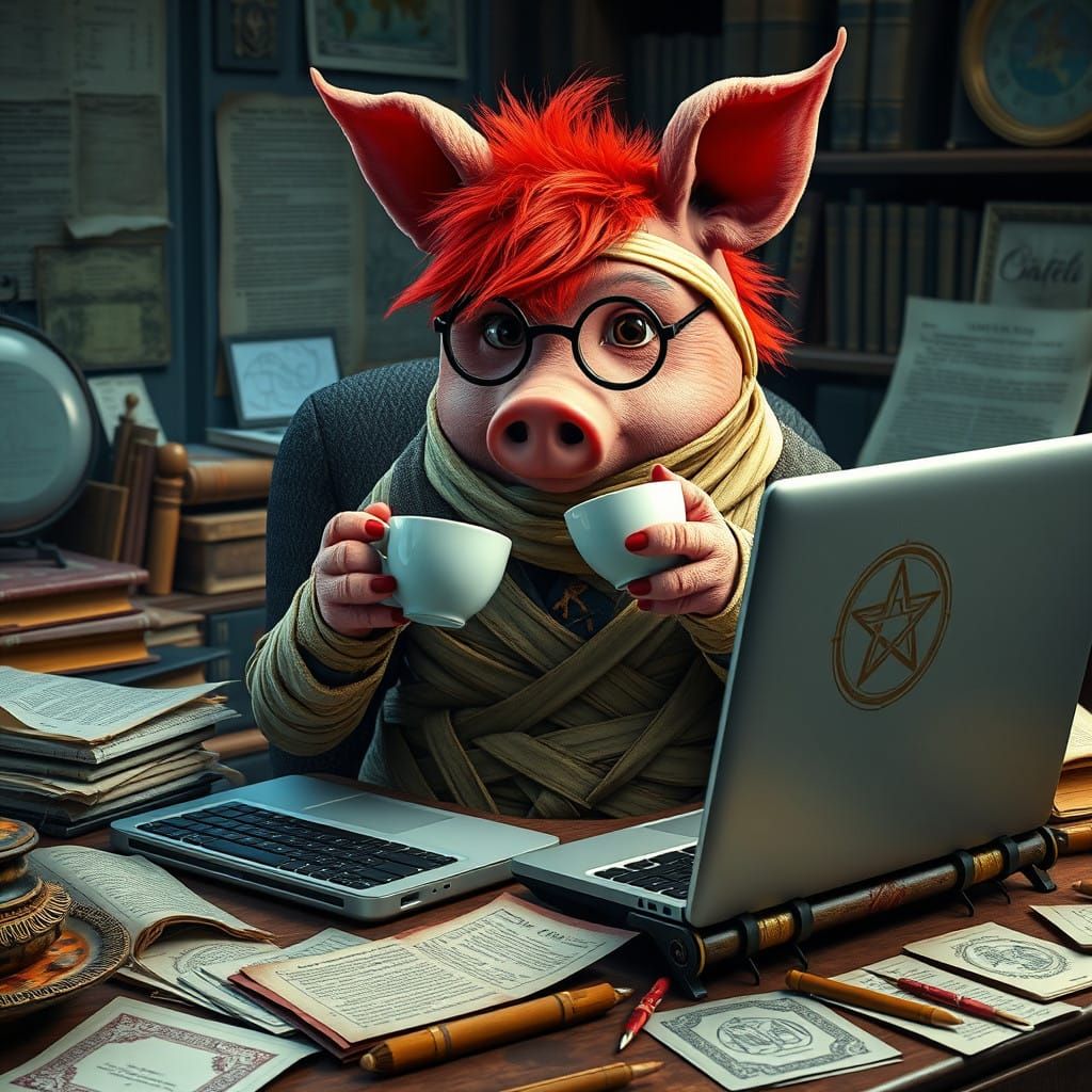 Magical Office Scene with Redhead Piggy Mummy in Business At...