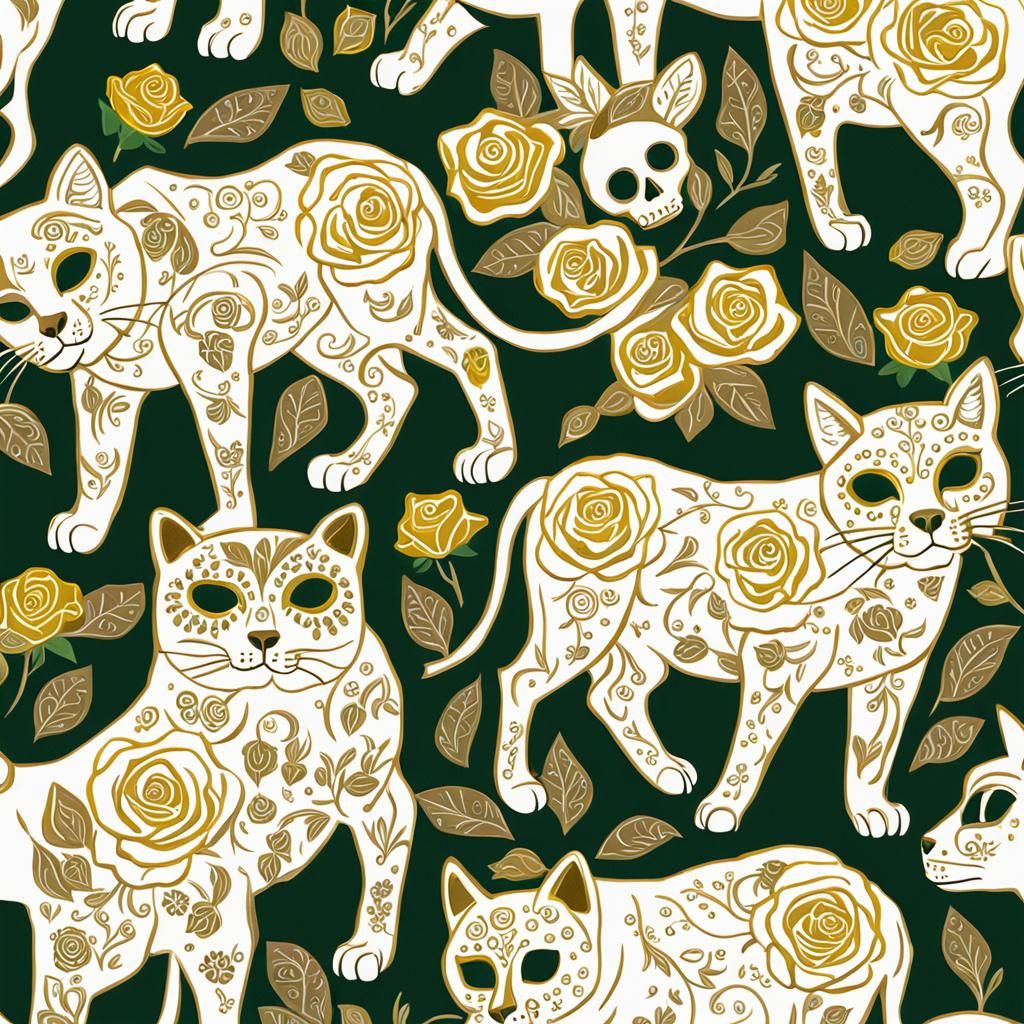 Day of the Dead Gold Cat with Roses