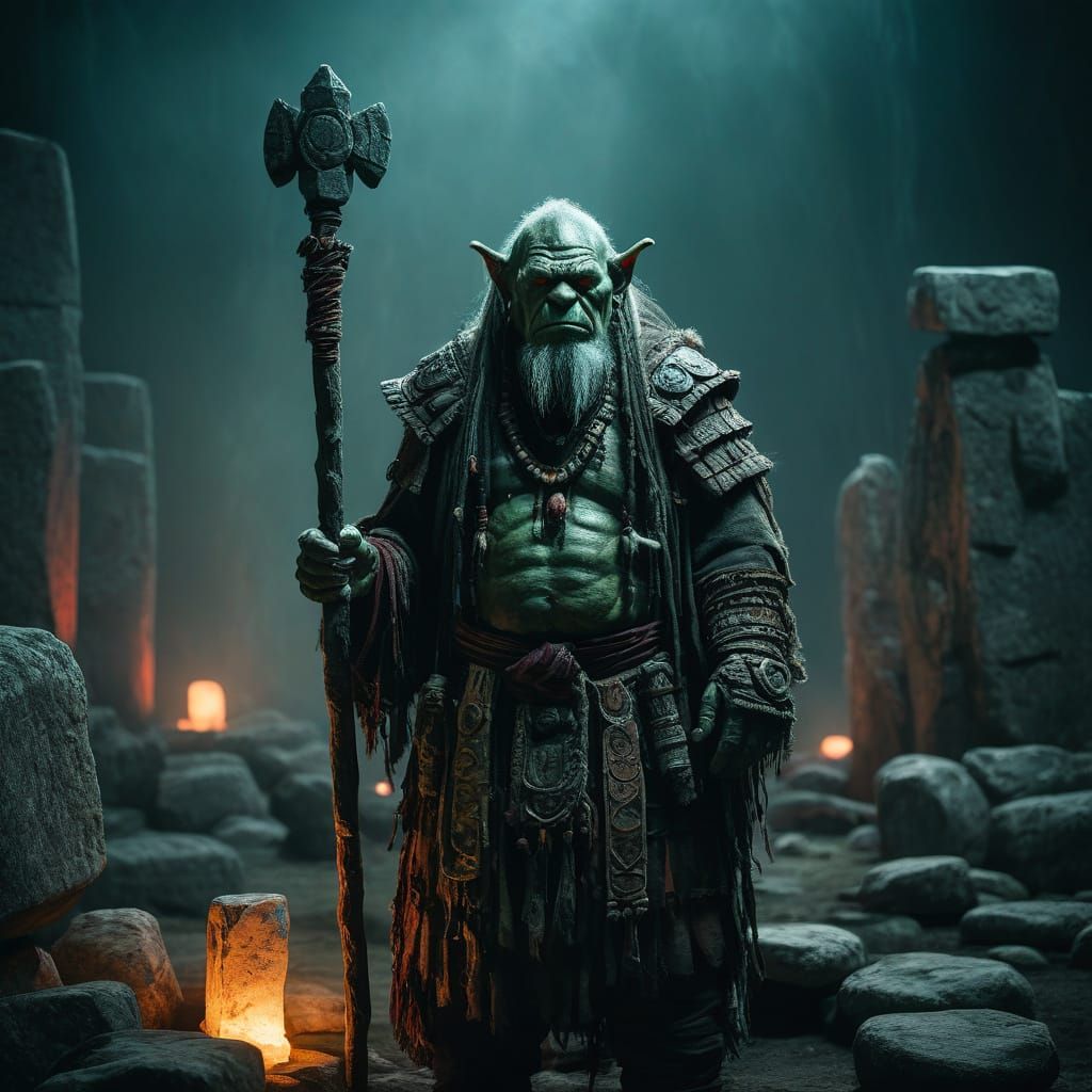 Orc Shaman in Neon Stonehenge: Dark Fantasy Film Still