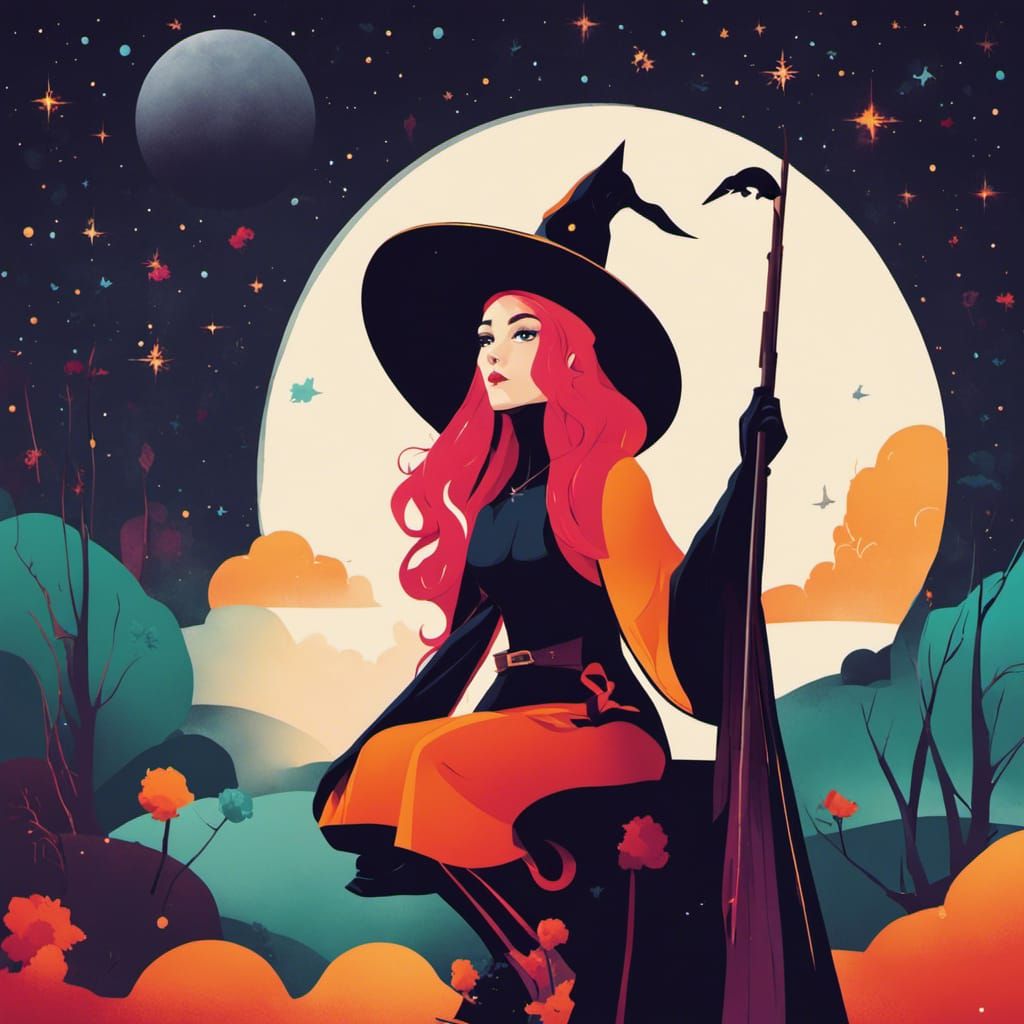 Minimalist Witch Stargazing in Cosmic Colors
