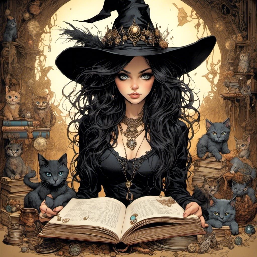 Woman Drawing Witch's Familiar with Expressive Kittens