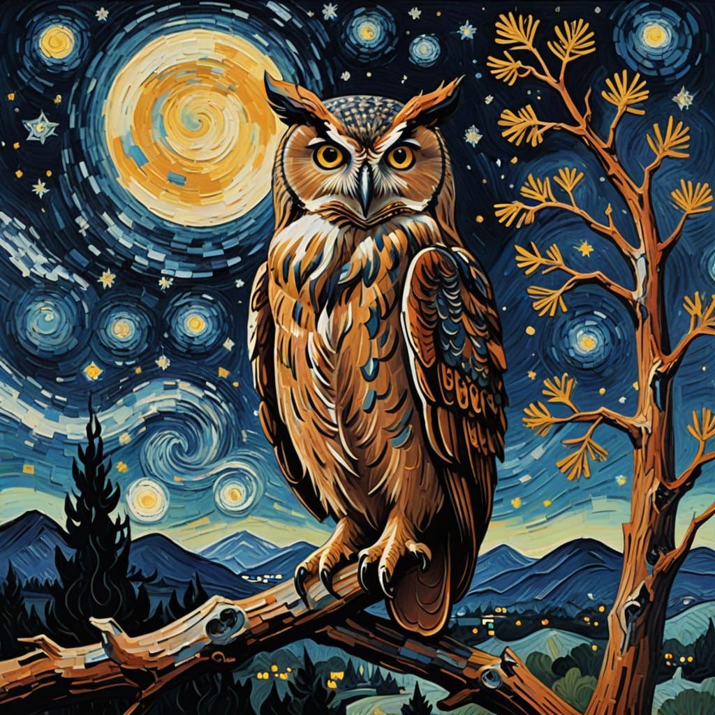 Wise Owl on Cypress Tree Under Starry Night Sky