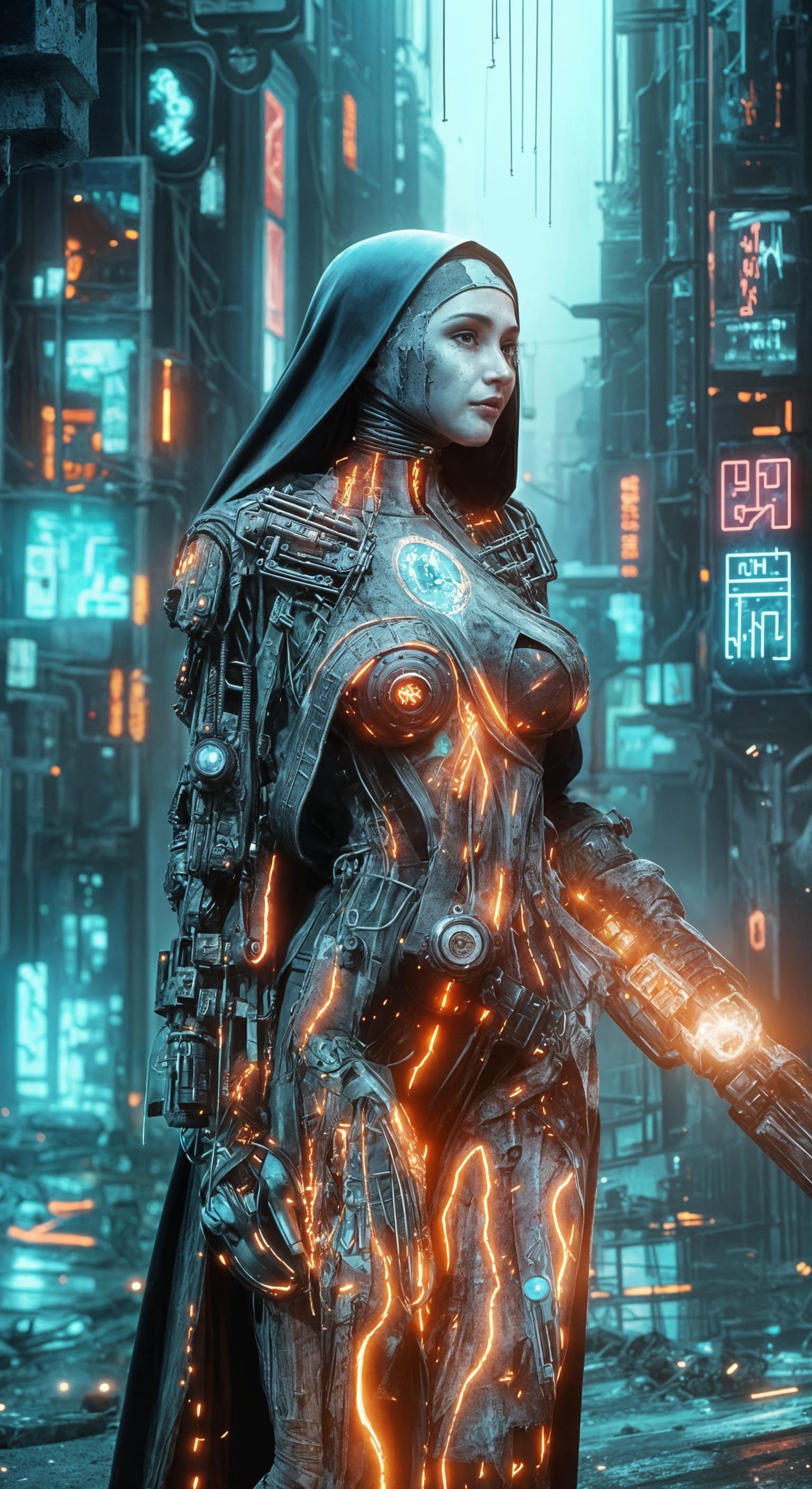 Cyberpunk Nun with Battle-Worn Bazooka