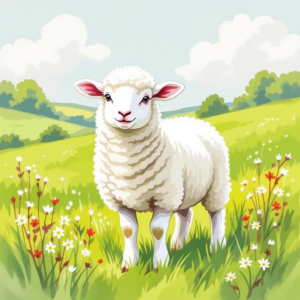 Nervous Lamb in Meadow: Watercolor Art