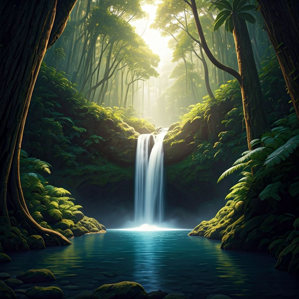 Lush Rainforest Waterfall in Hyperrealistic Style