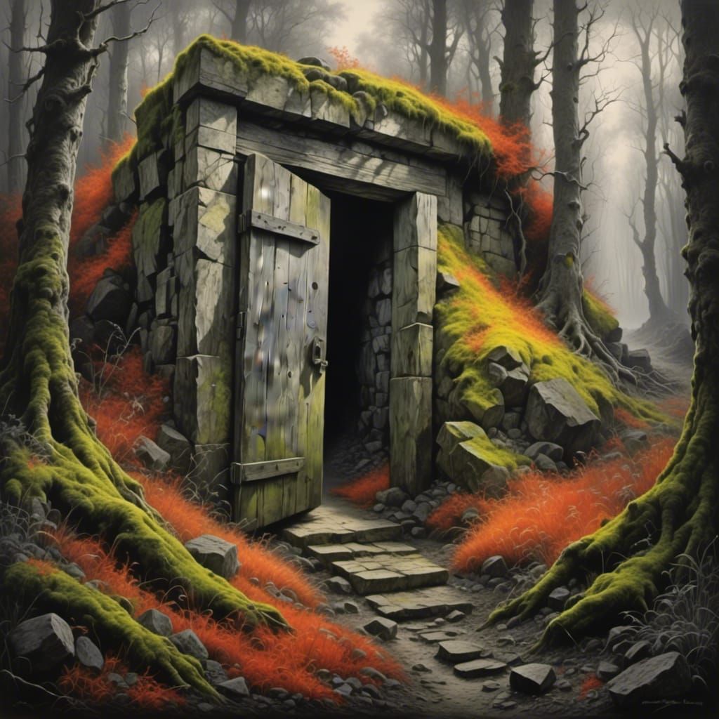 Hidden Door Discovered in Forest, Charcoal and Color