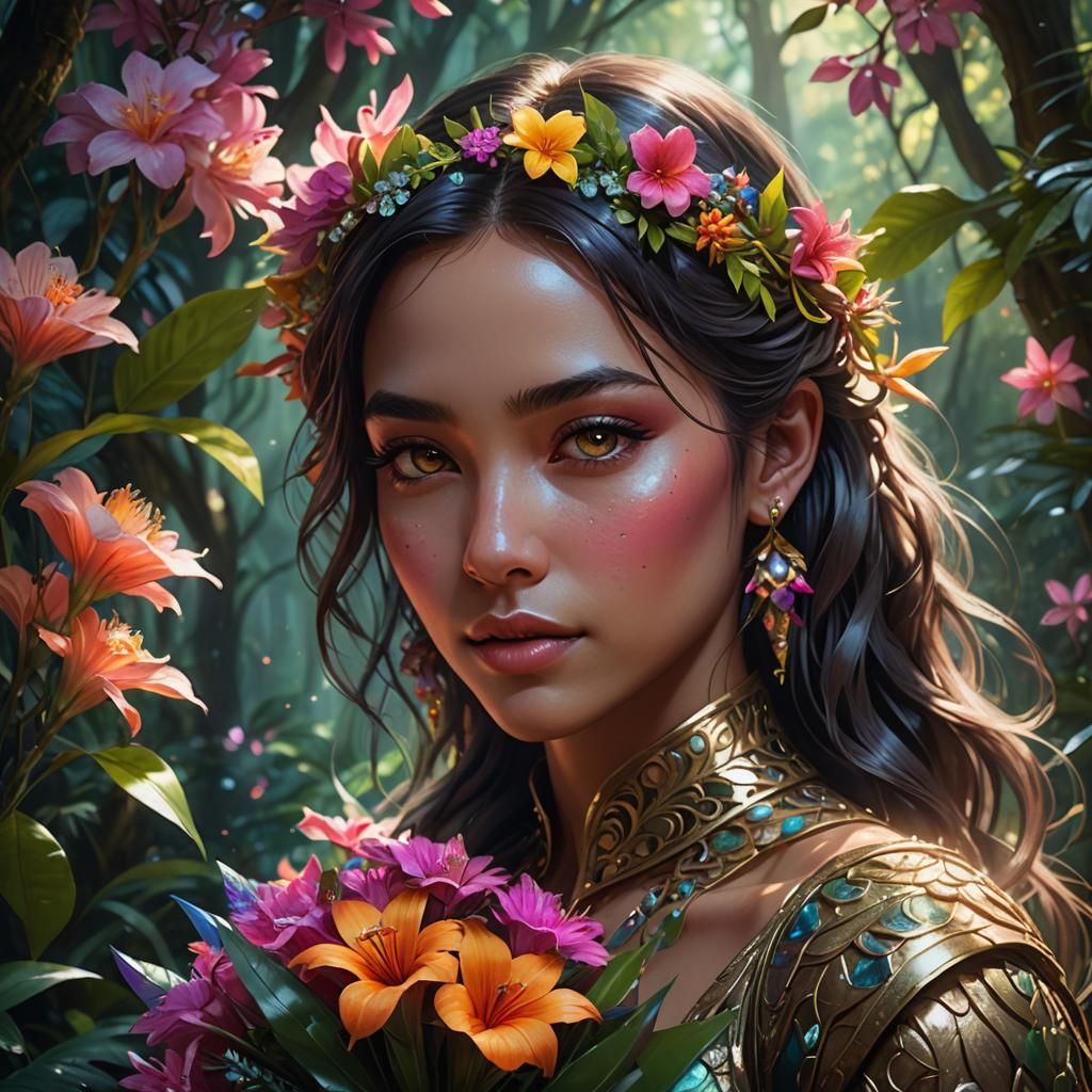 Shy Girl with Glowing Bouquet: Fantasy Concept Art