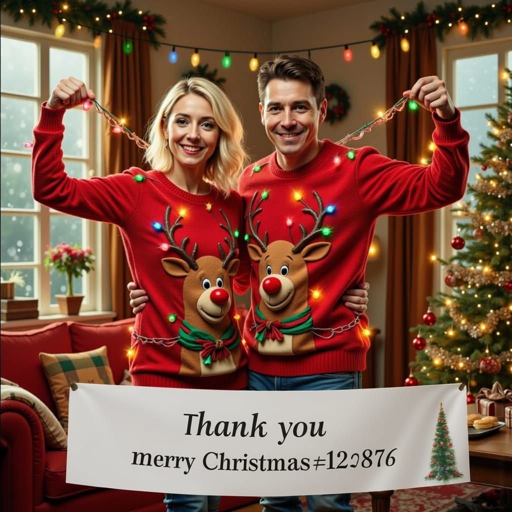 Couple in Glowing Christmas Jumpers with Holiday Cheer
