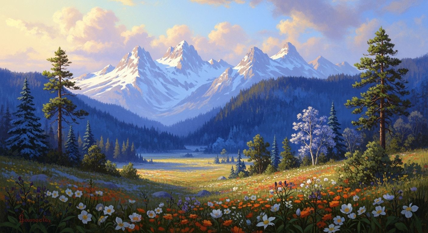 Snowy Peaks and Wildflower Valley in Landscape Painting Styl...