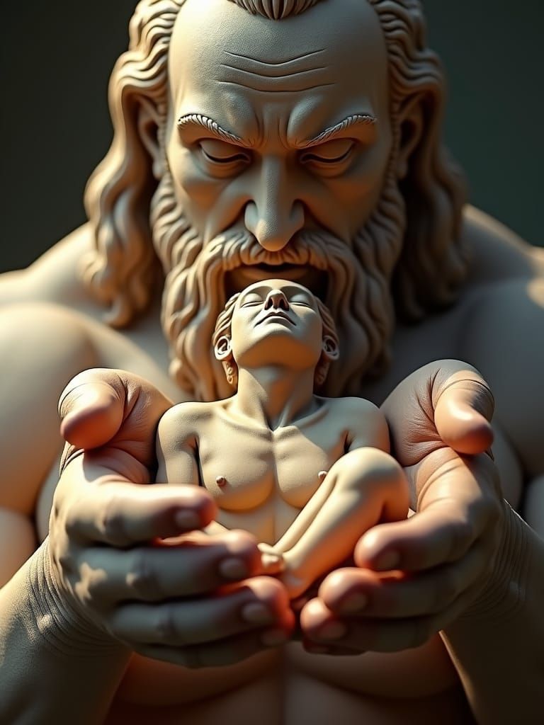 Omnipotent Deity Holds Clay Human: High-Detail Concept Art