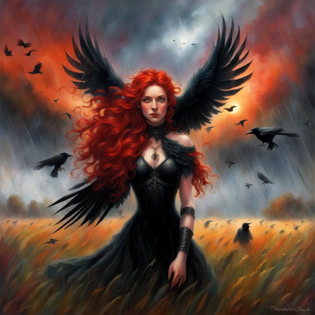 Ethereal Red-Haired Woman with Black Wings
