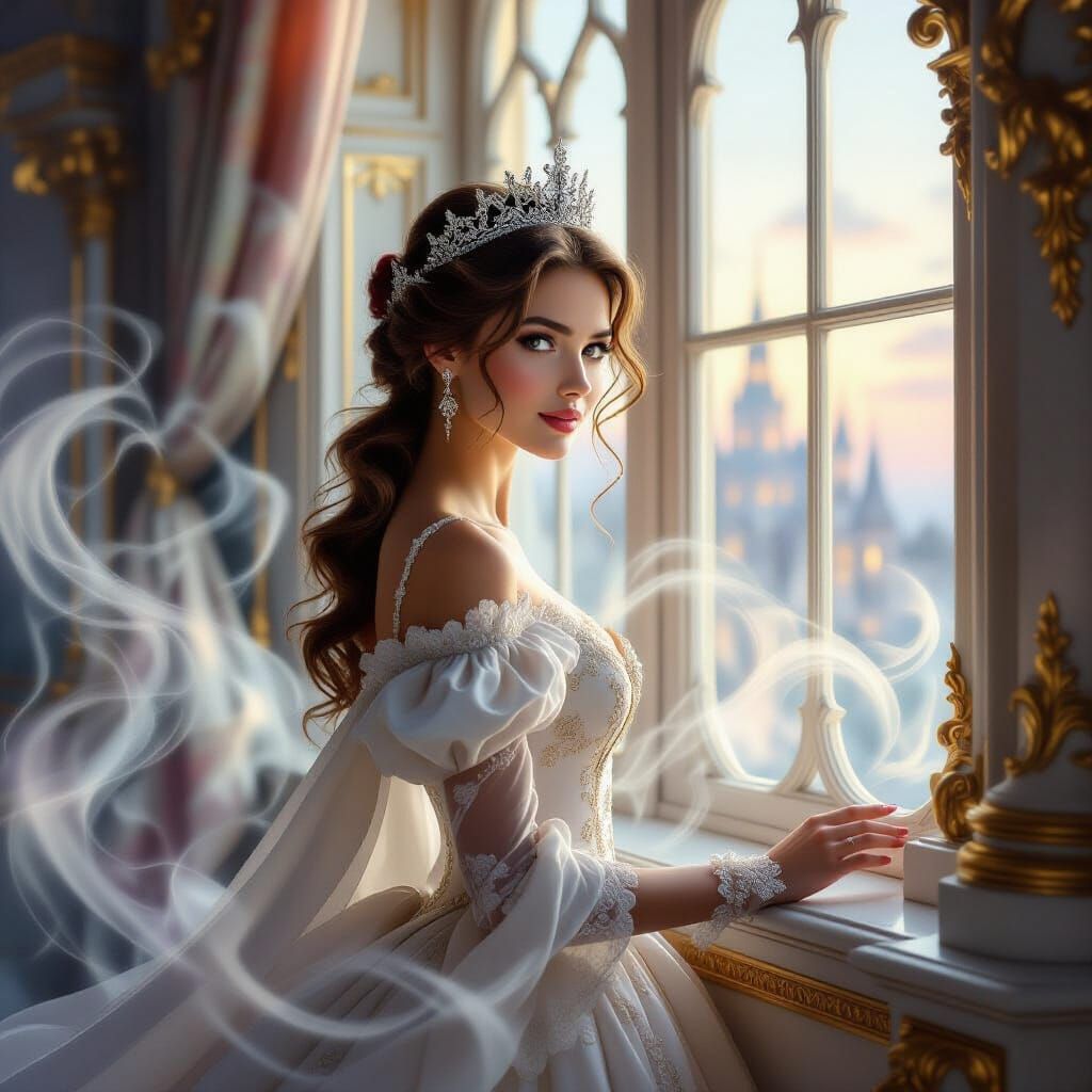 Happy Queen at Palace Window in Kinkade Style