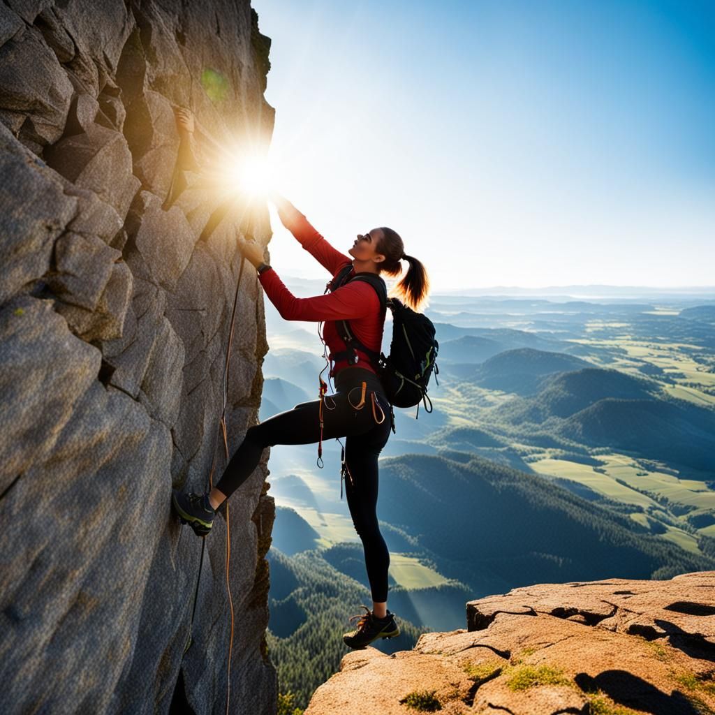 Woman Climbs Cliffside on Sunny Day