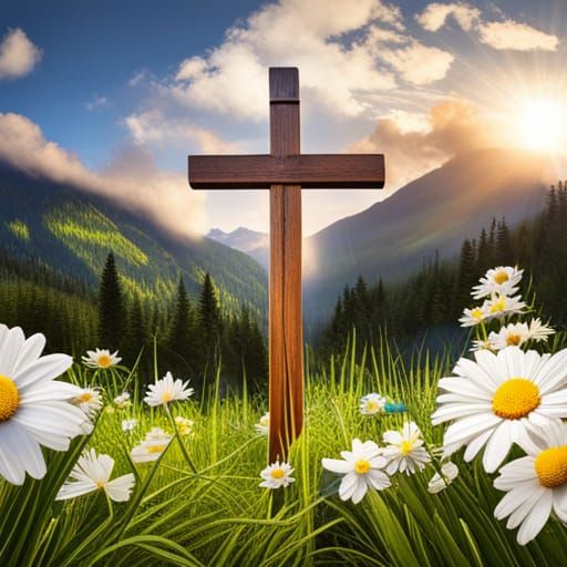 Peaceful Meadow Scene with Wooden Cross