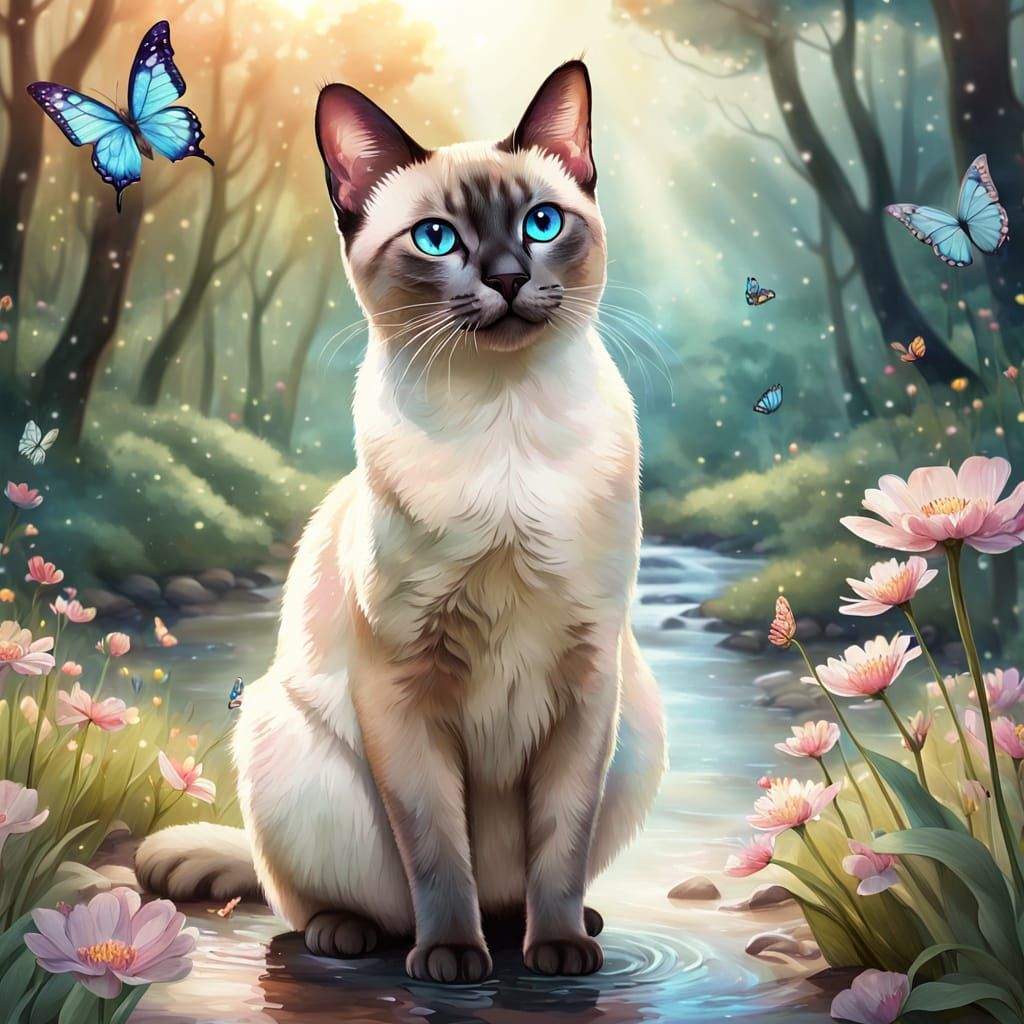 Sealpoint Siamese Cat in Watercolor Flower Meadow