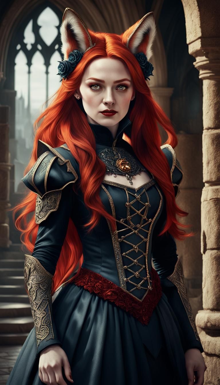 Fox-Eared Woman in Gothic Armor, Detailed Digital Art
