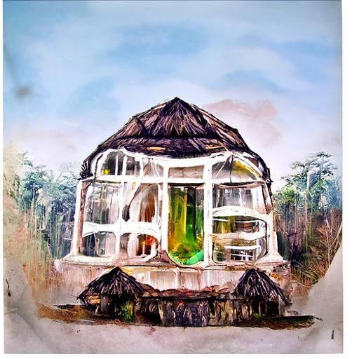 Glass House in Jungle, Watercolor and Oil Style