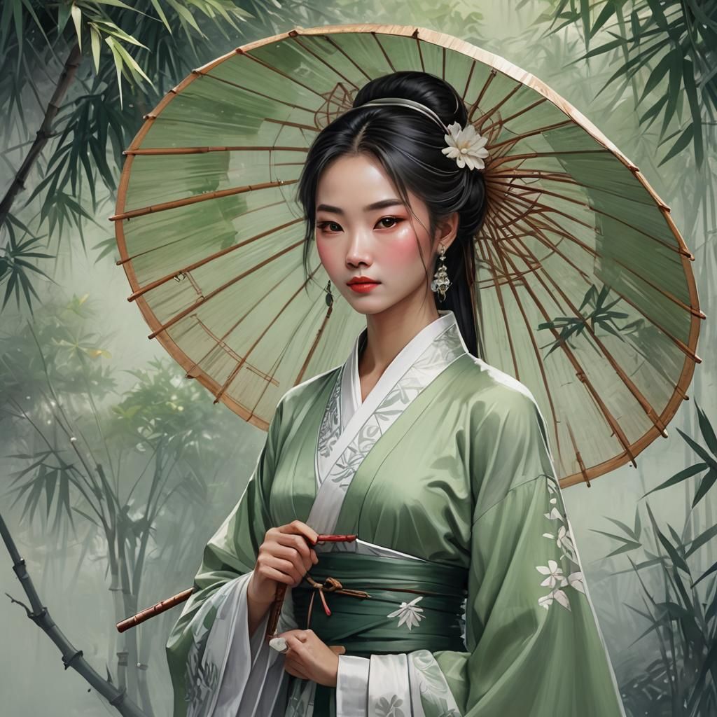 Woman in Traditional Dress with Umbrella, Manga Style
