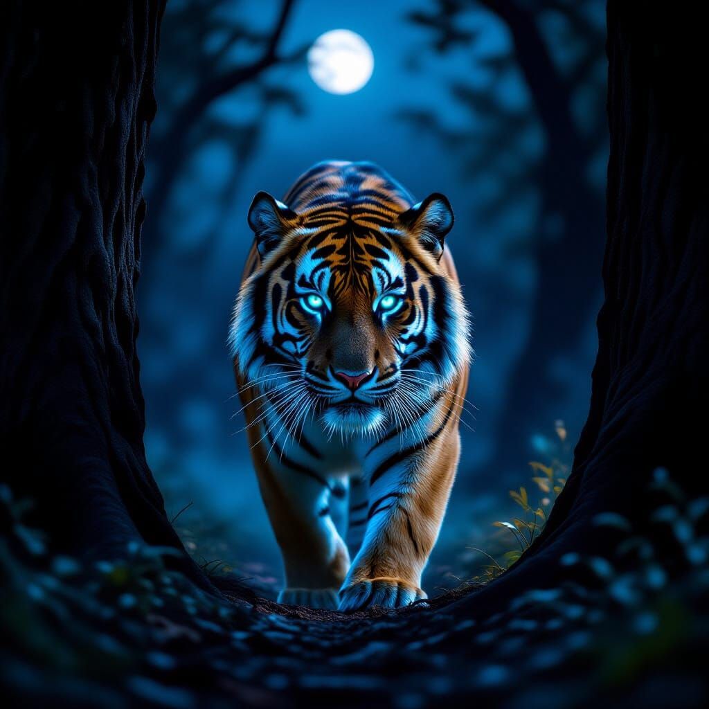 Majestic Tiger Emerges from Dark Forest in Moonlight