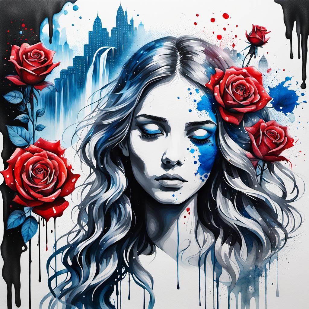 Double Exposure Ink Painting with Roses and Waterfall