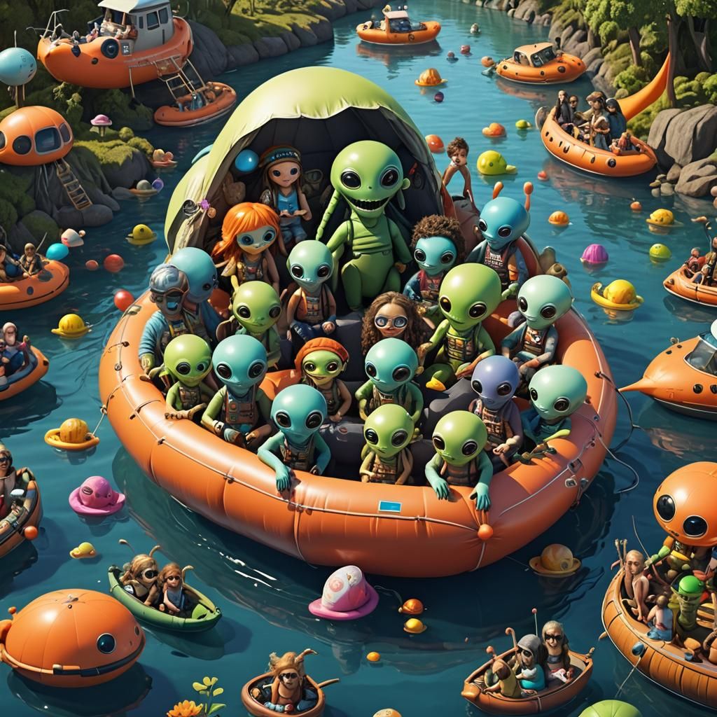 Hyperrealistic Aliens in Lifeboat Above Hippies