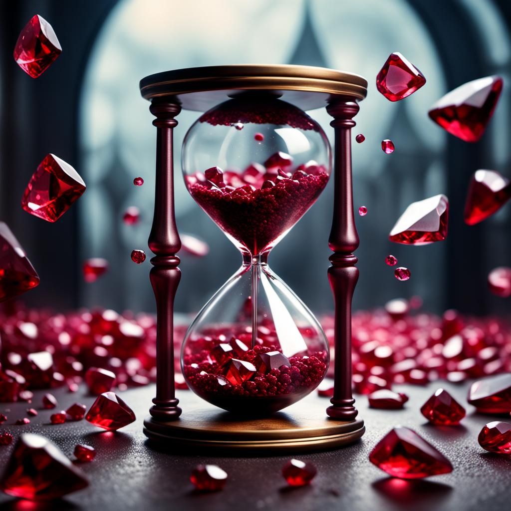 Rubies Fall Through Hourglass in Hyperrealistic Detail
