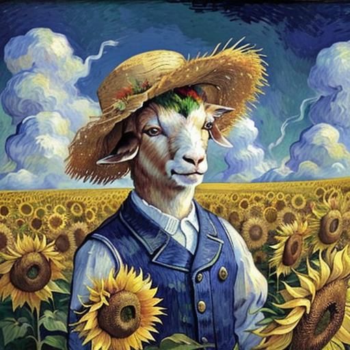 Goat in Sunflower Field, Van Gogh-Style Portrait