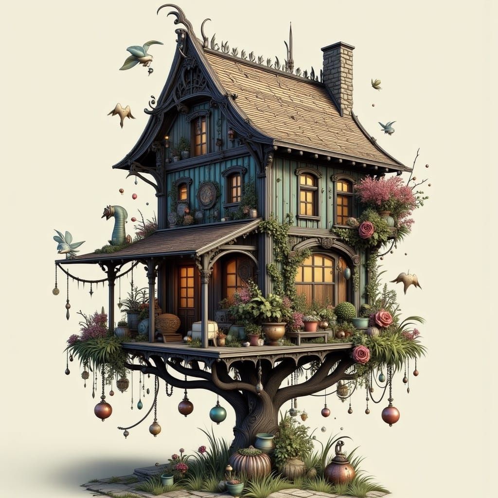 Wonky House on a Pole in Art Nouveau Punk Style