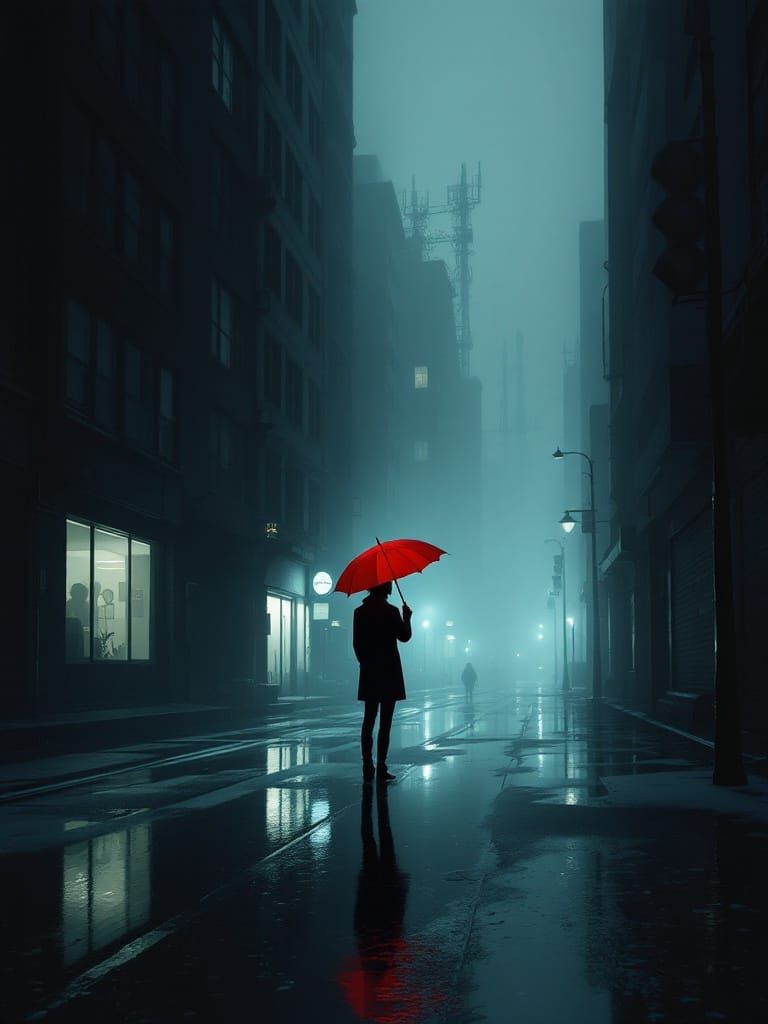 Mysterious Figure in Foggy Cityscape, Holding a Vibrant Red ...