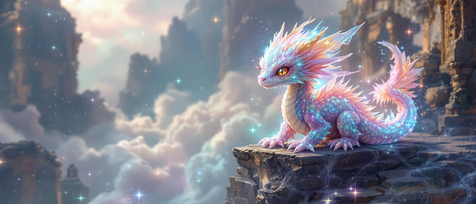Crystal Dragon Hatchling Amidst Ethereal Cosmic Ruins